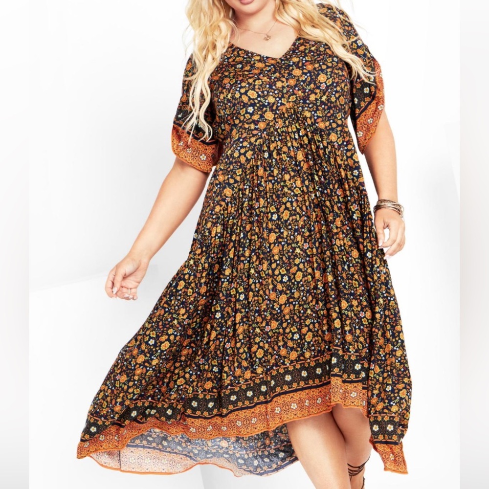Cottagecore Black Orange Ditsy Floral Pleated Maxi Dress Tall Plus Size 26/28 - Picture 4 of 17